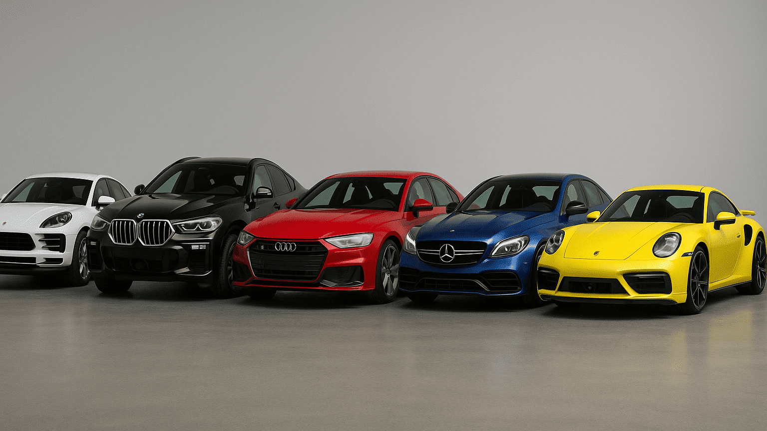 Gamme Porsche en Allemagne 5 couleurs blanc, noir, gris, rouge, jaune