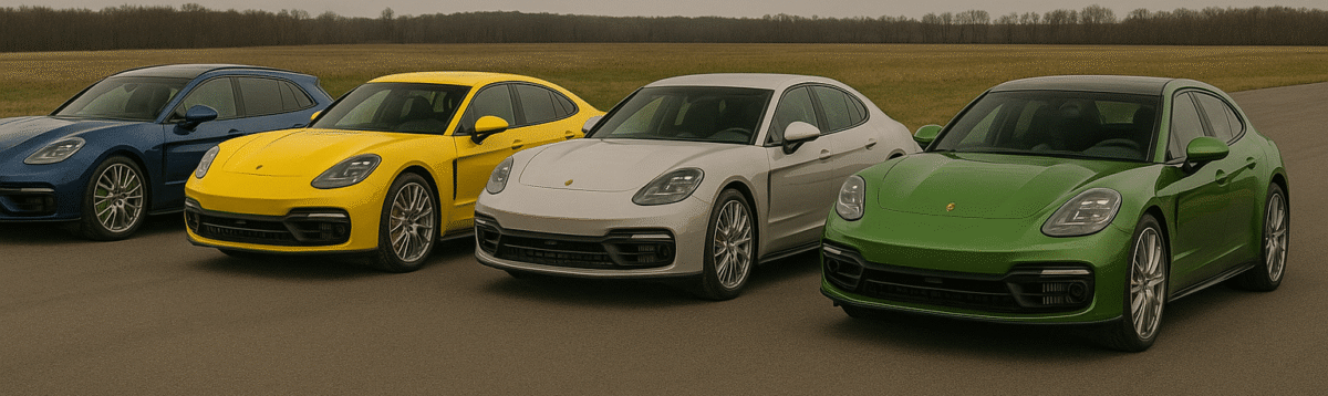 Gamme Porsche Panamera occasion Allemagne en importation coloris bleus, jaunes, blancs et verts