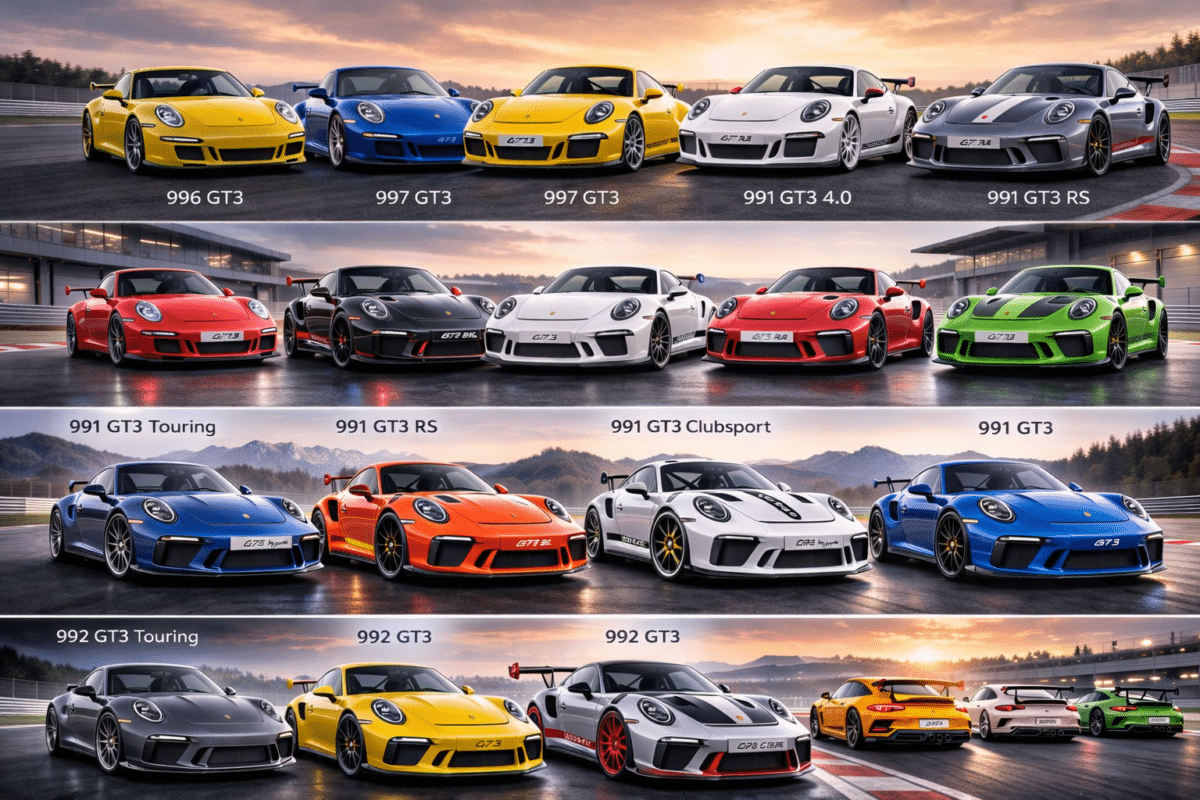 Evolution de la Porsche 911 GT3 dans le temps de 1999 à nos jours