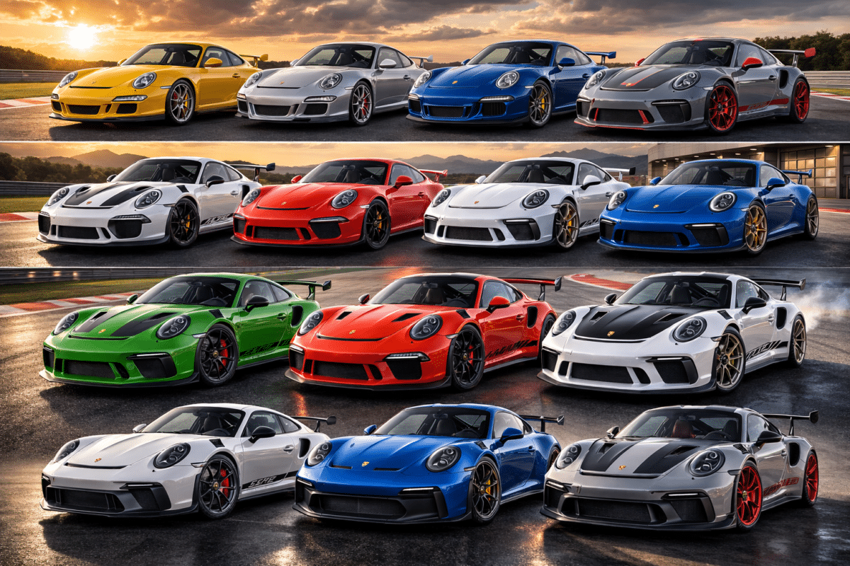 Différentes modèles de Porsche 911 GT3 de la 997 à la 992 moderne