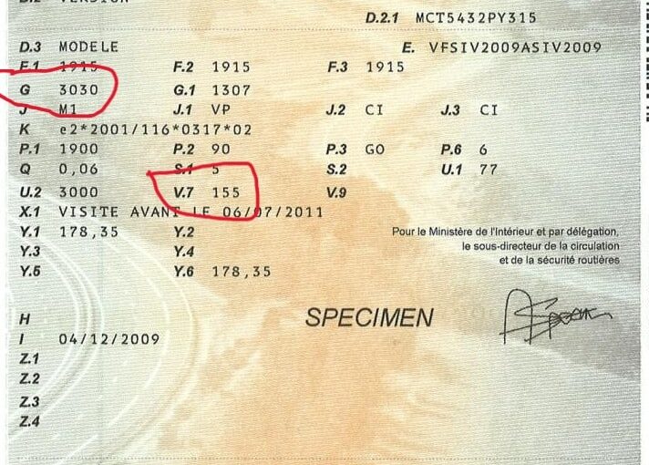 Spécimen certificat immatriculation français avec zones poids et co2