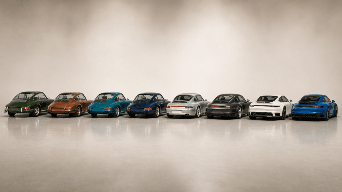 Gamme des 8 générations de Porsche 911 vues arrière