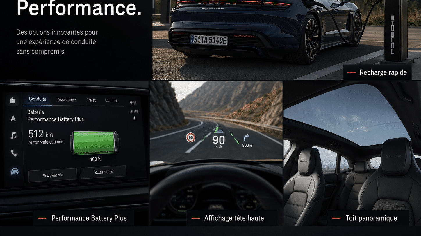 Options Porsche électrique Performance batterie plus, recharge rapide, affichage tete haute, toit solarisant