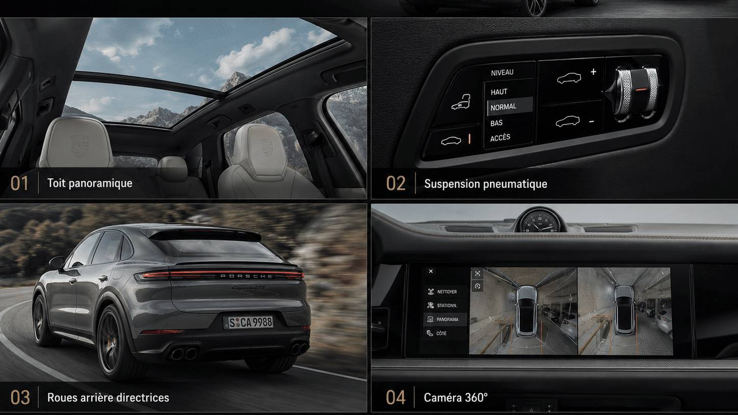 Options Porsche toit panoramique, suspension pneumatique, roues arrières directrices, caméra 360