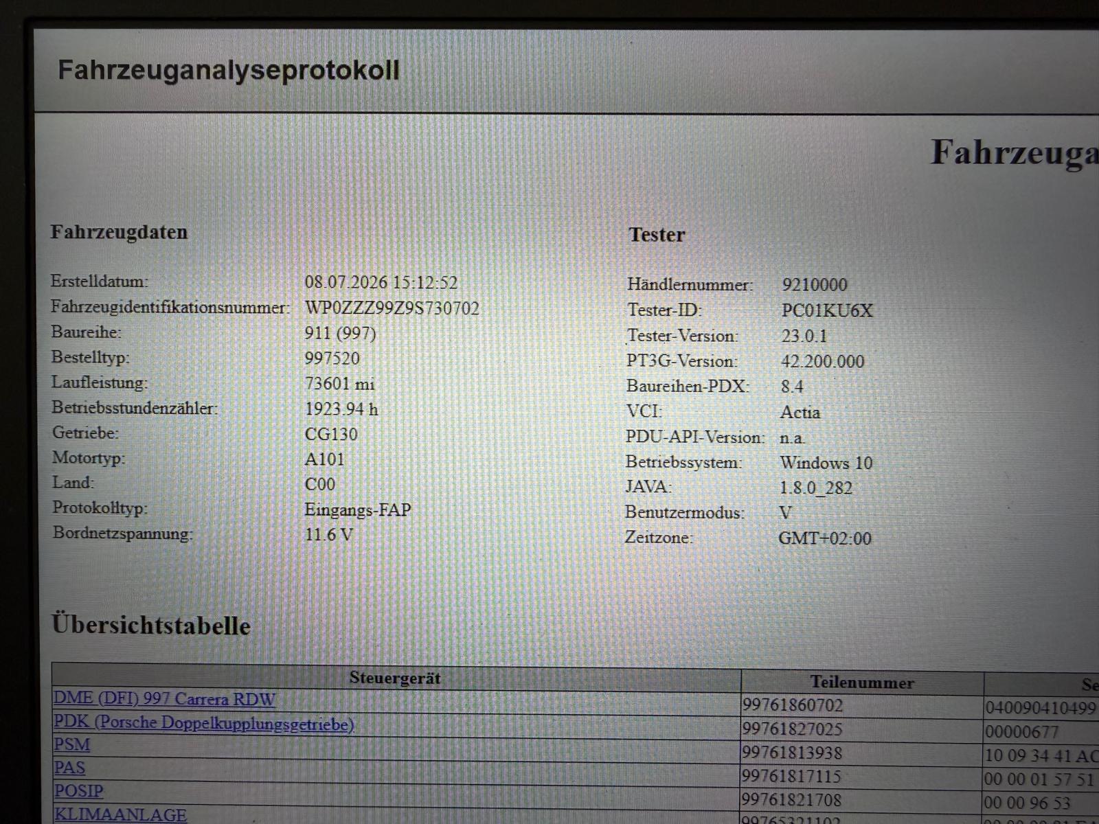 Exemple de PIWIS report pour contrôler le kilométrage d'une Porsche 911 997.2 4S PDK de 115.000 kms